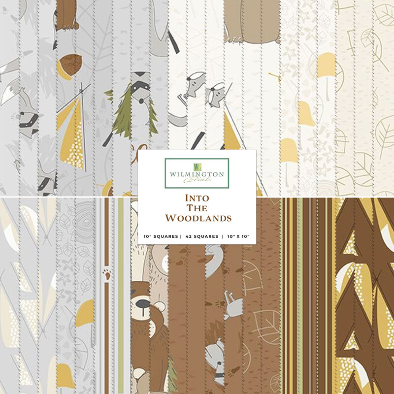 A stacked collage of white, gray, and brown fabrics with woodland themes