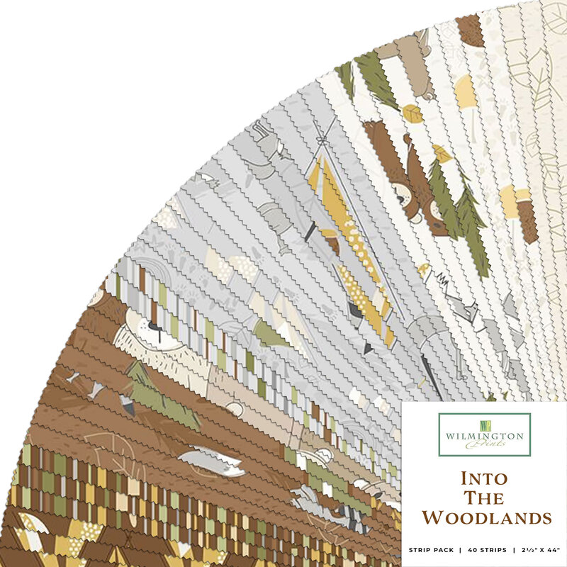 A fanned collage of brown, gray, and white fabrics in the Into The Woodlands collection
