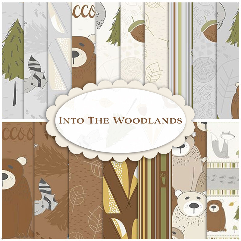 A stacked collage of white, cream, gray, and brown fabrics with woodland themes