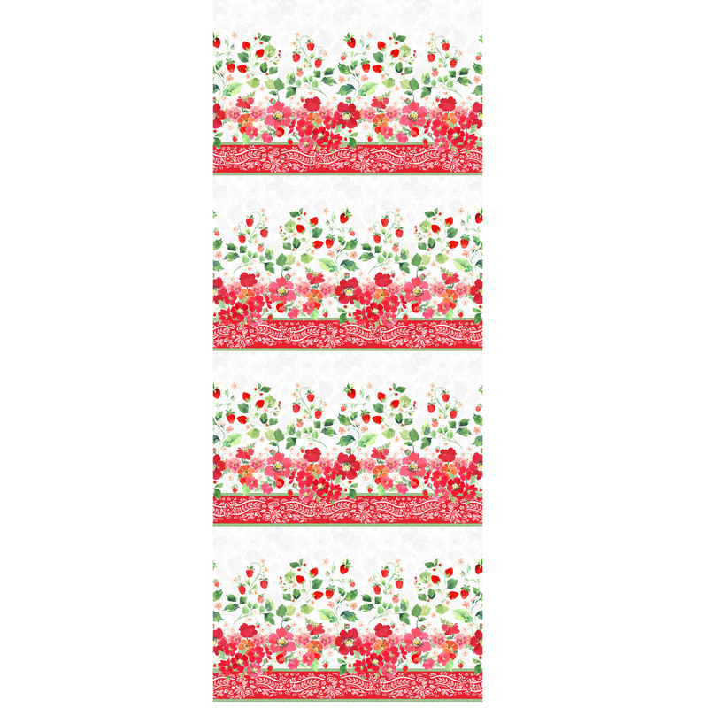 Border stripe fabric featuring a thick red floral border stripe with flowers and strawberry plants growing upwards