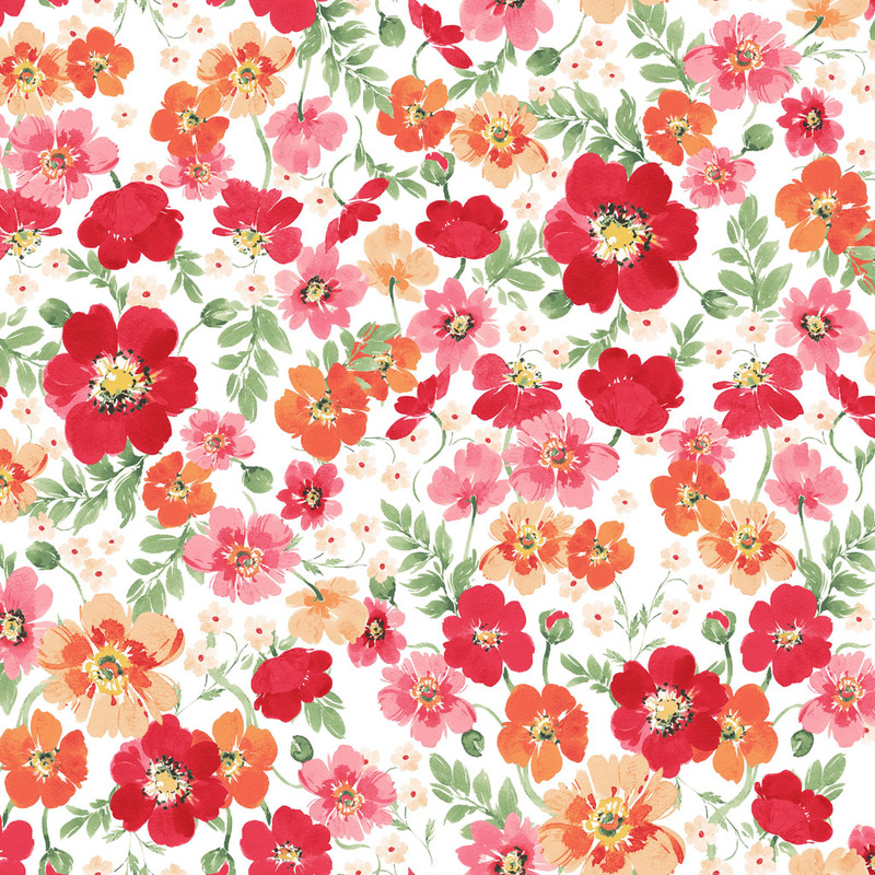 White fabric covered in red, orange, and pink flowers with green leaves