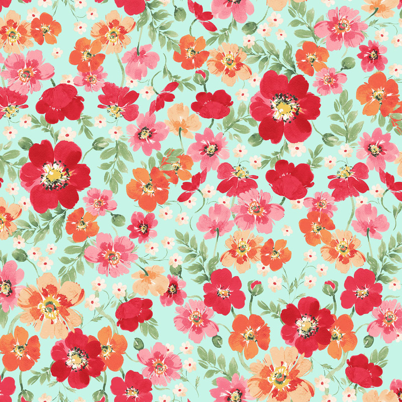 Aqua fabric covered in red, orange, and pink florals with green leaves throughout