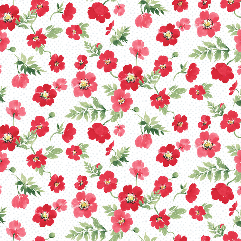 White fabric with ditsy red florals with green leaves throughout