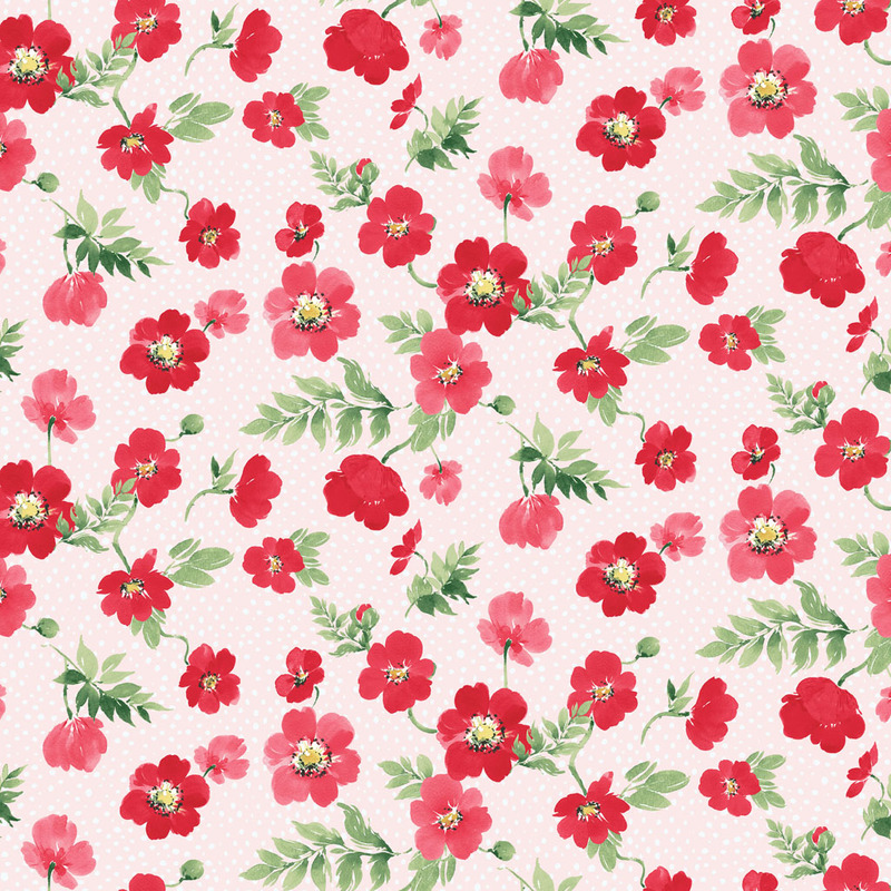 Pink fabric with red florals and green leaves throughout