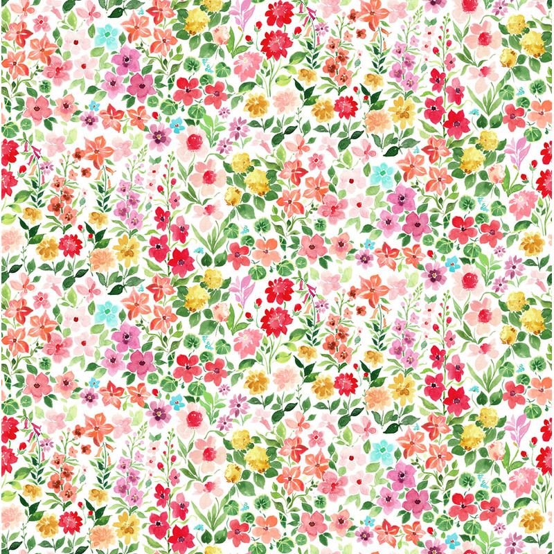 Fabric with multi colored florals and green leaves packed tightly against a white background
