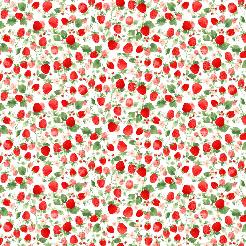 White fabric covered in red strawberries with green leaves