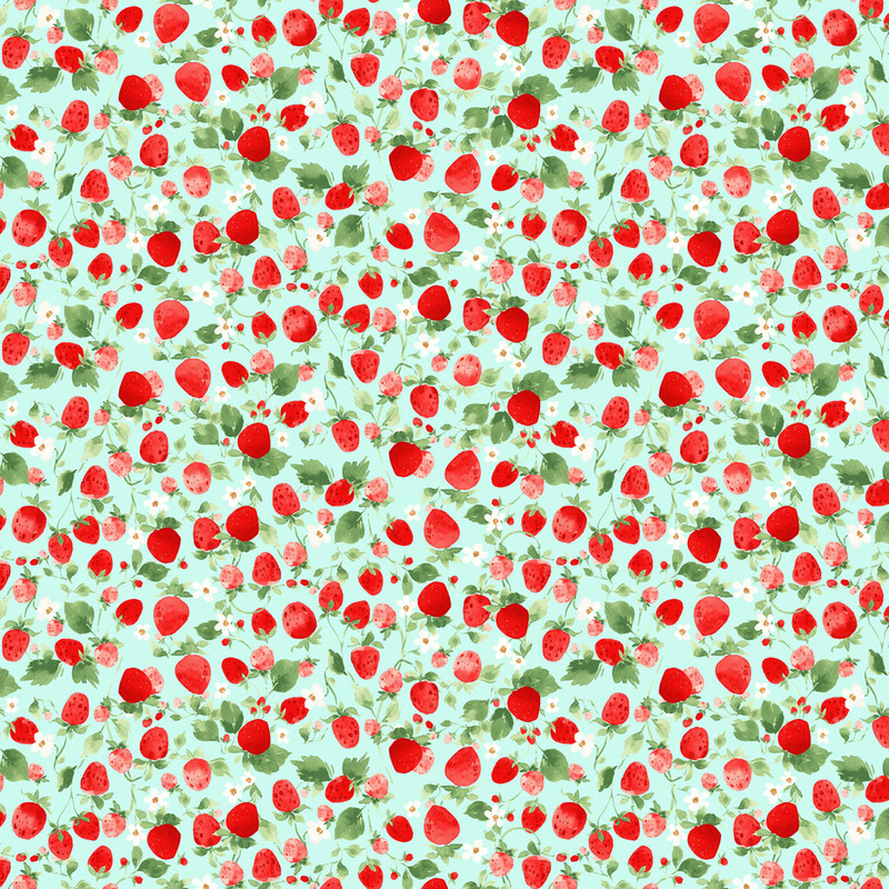 Aqua fabric with red strawberries and green leaves all over
