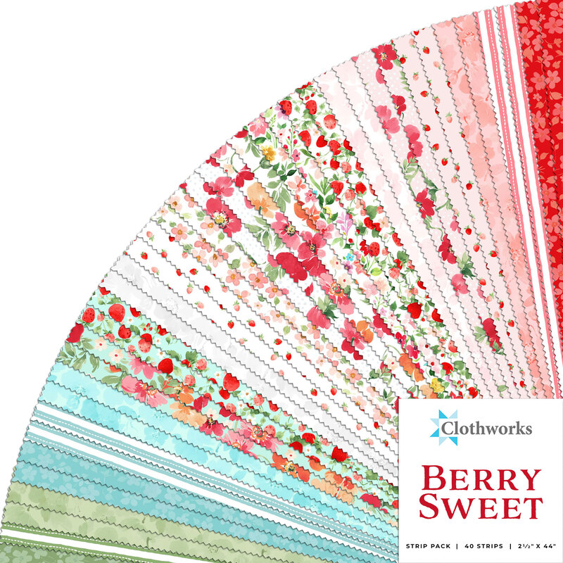 collage of all the fabrics in the Berry Sweet Jelly Roll in shades of red, blue, and green
