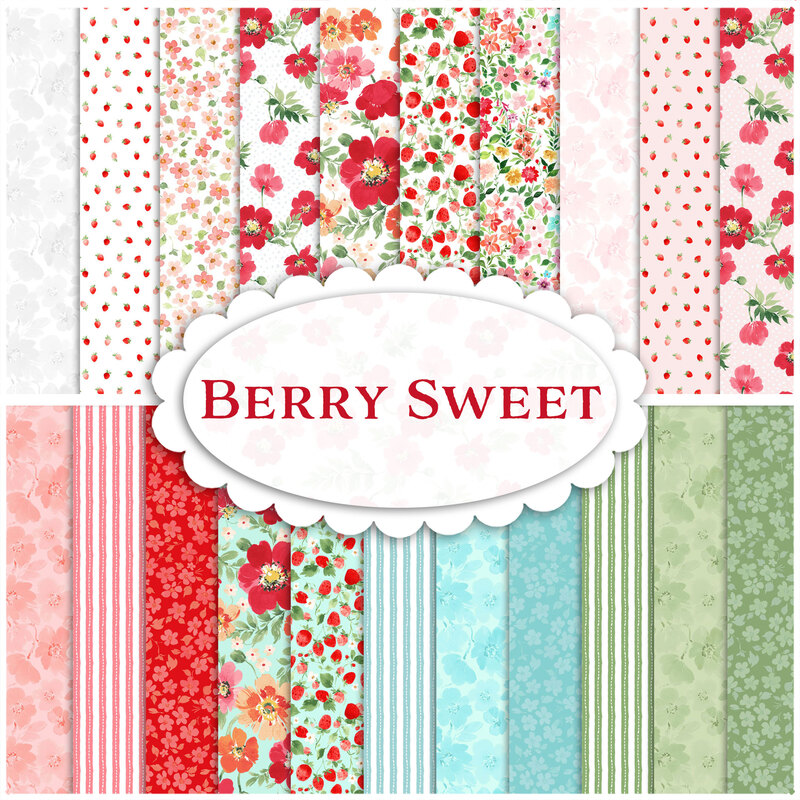 collage of all the fabrics in the Berry Sweet fabric collection in shades of red, blue, and green