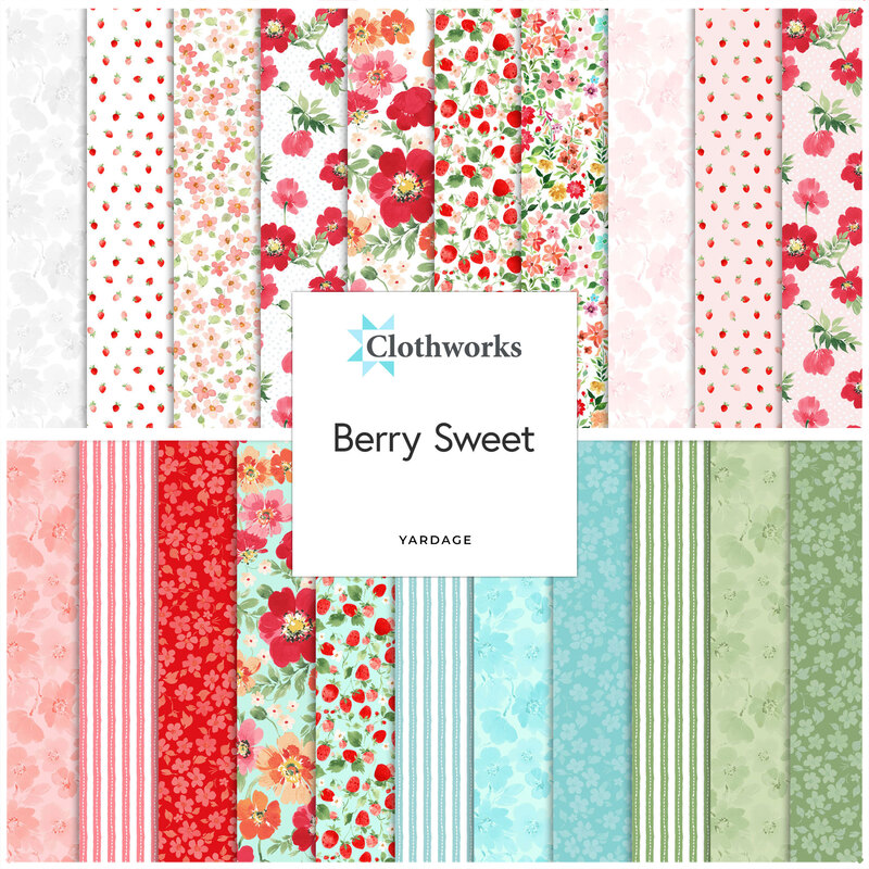 collage of all the fabrics in the Berry Sweet fabric collection in shades of red, blue, and green