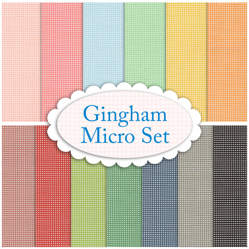 Collage of all the fabrics included in the Gingham Micro FQ Set.