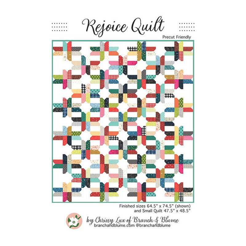 Front of the pattern, showing a digital mockup of the completed rejoice quilt 