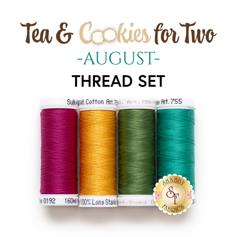 Four spools of thread in teal, green, gold, and magenta on a white background below a text graphic that reads 