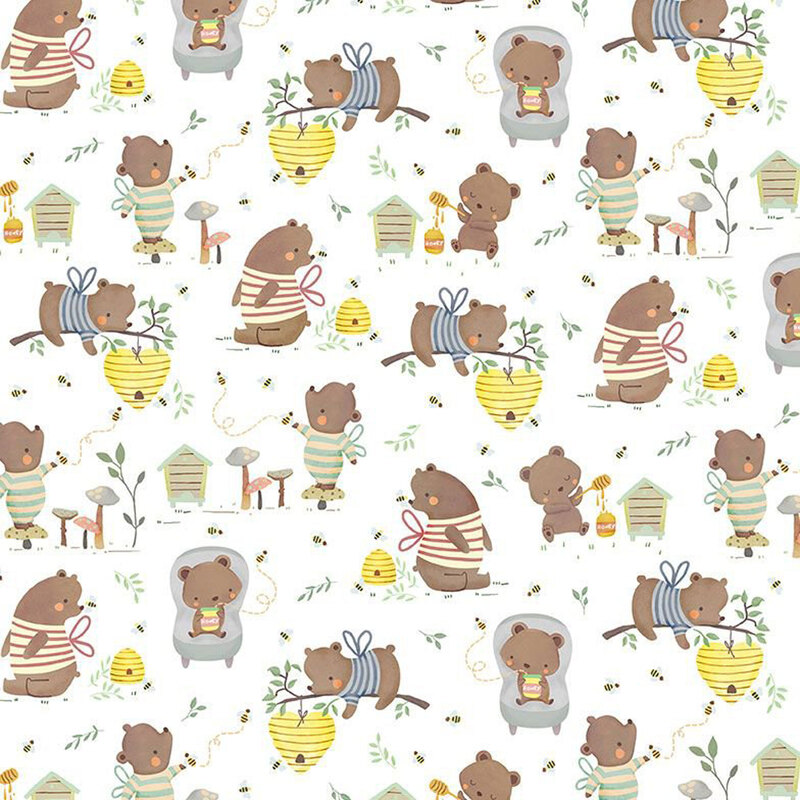 white fabric featuring bears, bees, mushrooms, and beehives