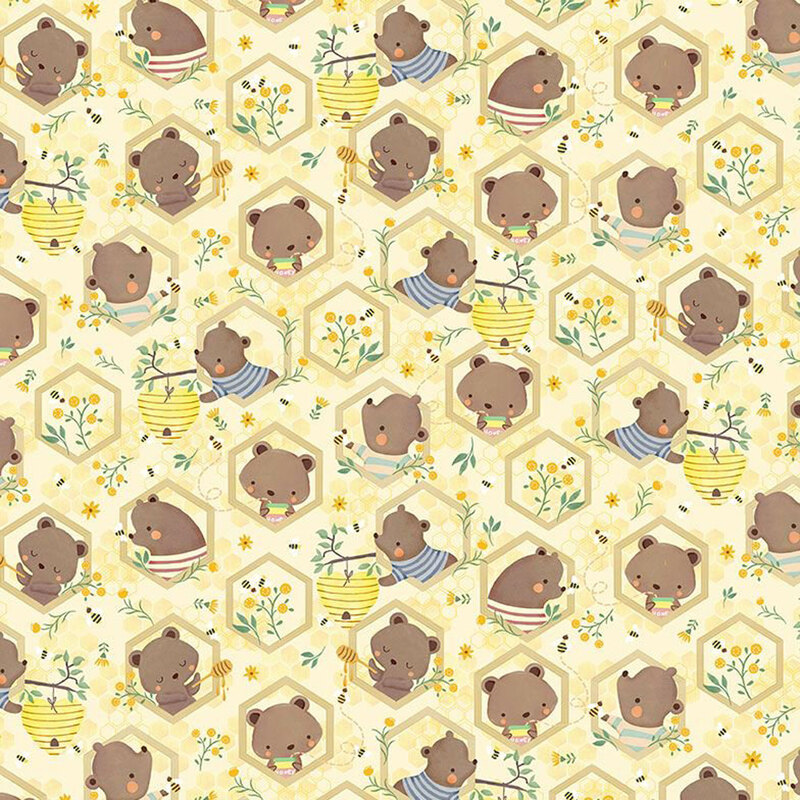Light yellow fabric featuring bears, bees, and flowers in a honeycomb design