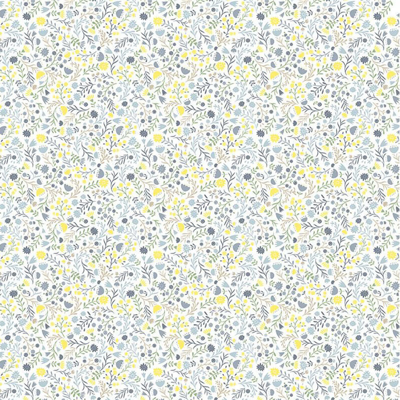 white fabric featuring a packed design of blue and yellow florals