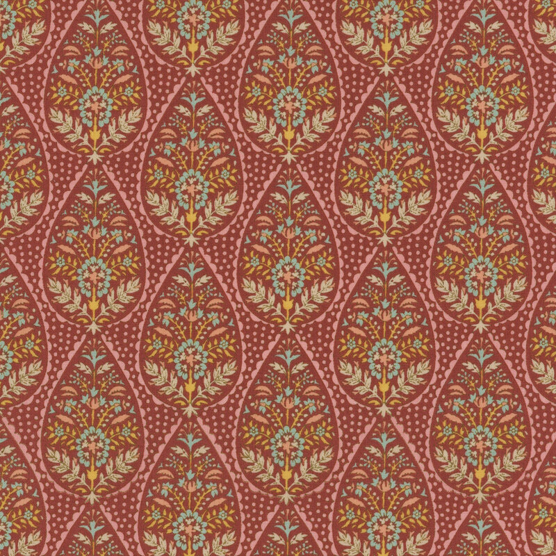 Maroon fabric featuring lines of large raindrop shapes filled with ornate, symmetrical flowers and leaves with a scalloped outline, and scattered dots in between.