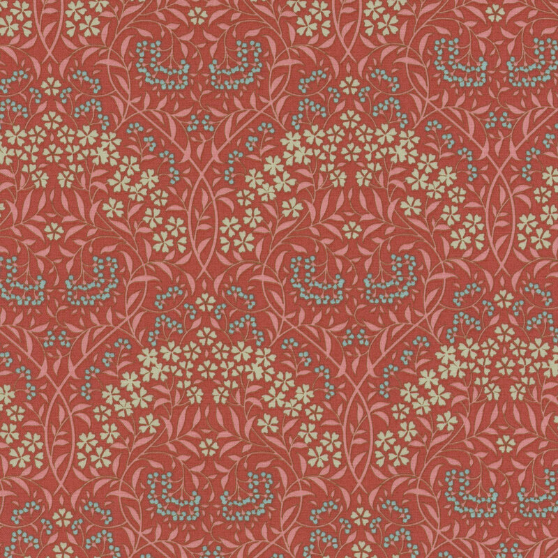 Red damask fabric made entirely of ornate florals.