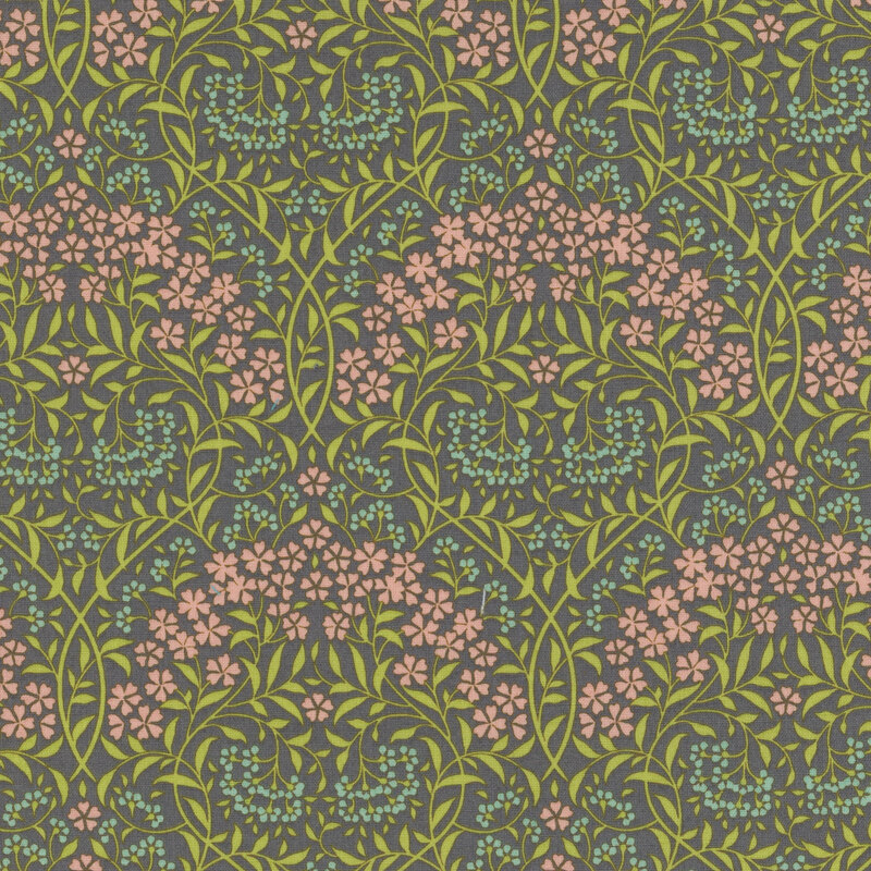 Gray damask fabric made entirely of ornate florals.