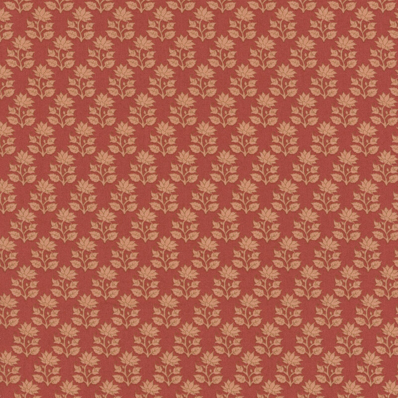 Red fabric featuring neat rows of flower stems with a blooming flower on top and two buds on either side.