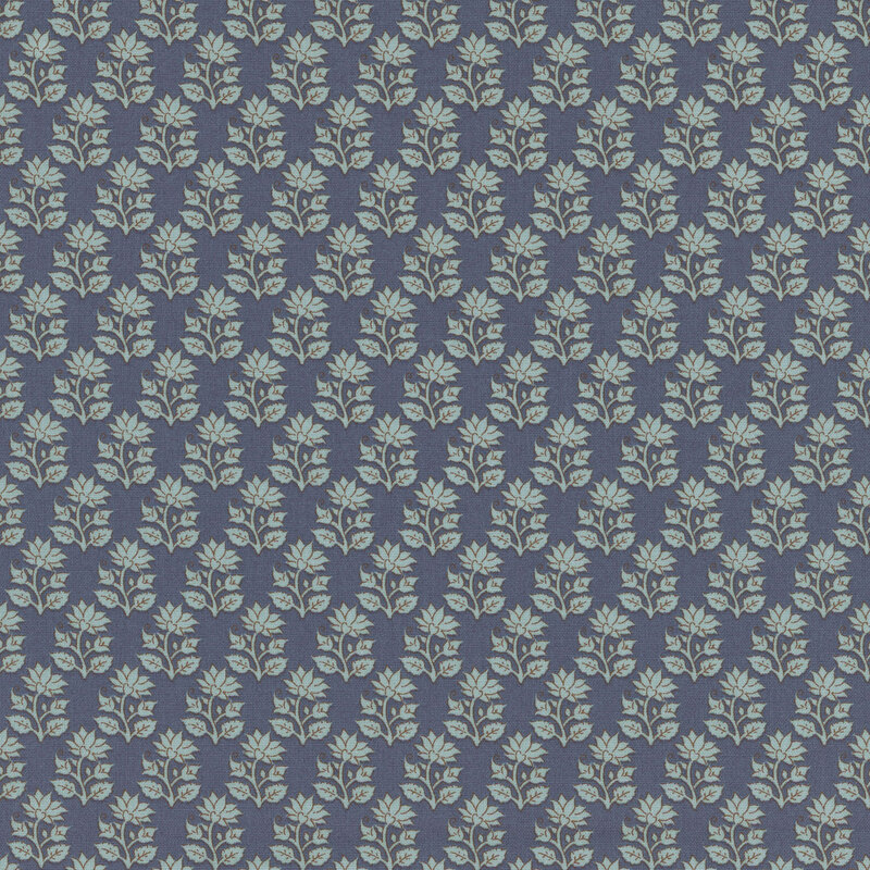 Blue fabric featuring neat rows of flower stems with a blooming flower on top and two buds on either side.