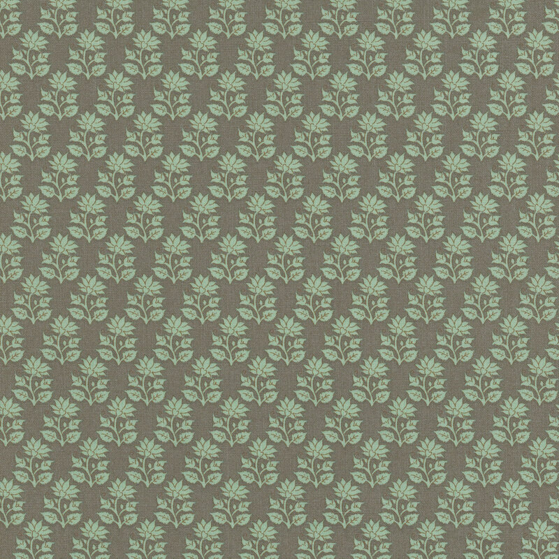 Green-gray fabric featuring neat rows of flower stems with a blooming flower on top and two buds on either side.