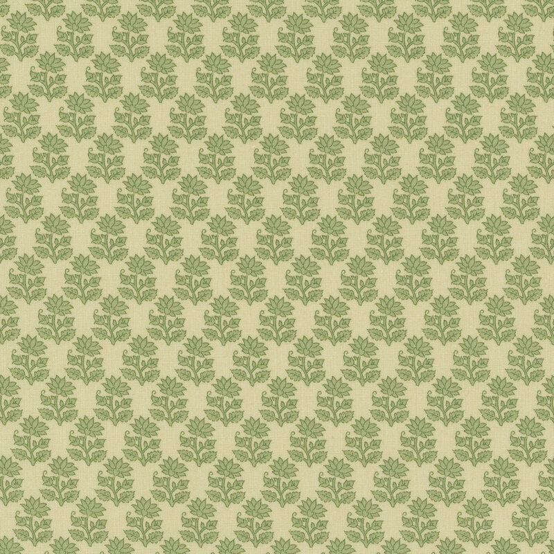 Cream fabric featuring neat green rows of flower stems with a blooming flower on top and two buds on either side.