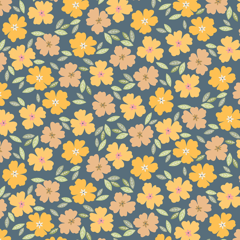 Blue fabric with yellow and pink flowers with scattered leaves.