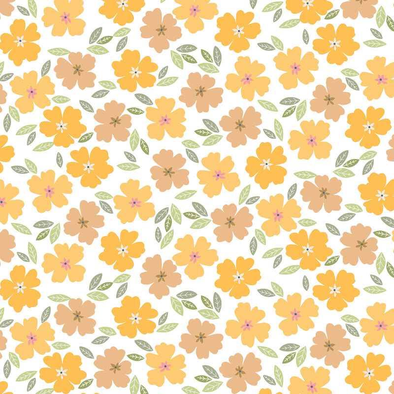 White fabric with yellow and pink flowers with scattered leaves.