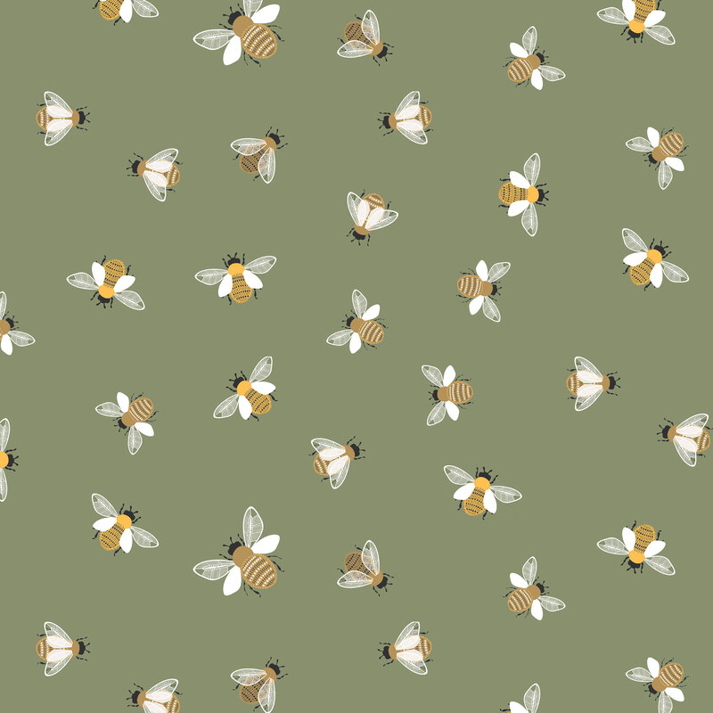 Olive green fabric with scattered bees flying and in place from a top-down view.