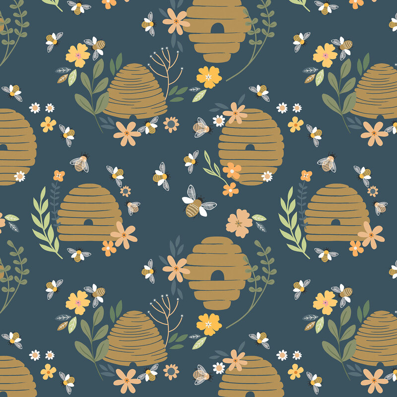 Blue fabric with differently-shaped beehives surrounded by flowers and bees.