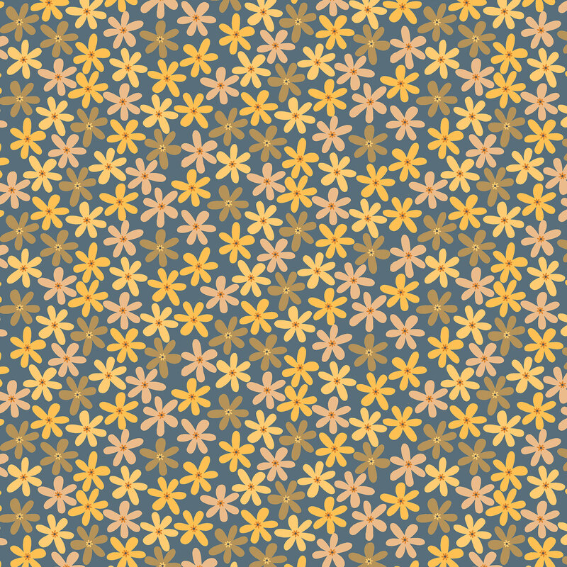 Blue fabric nearly completely covered in yellow and pink daisies.