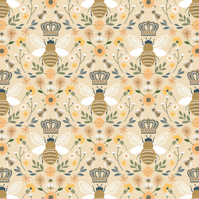 Beige fabric featuring a repeating pattern of queen bees with a thick floral lattice woven between.