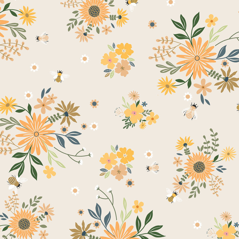 Ashy cream fabric with clusters of various yellow and pink flowers.