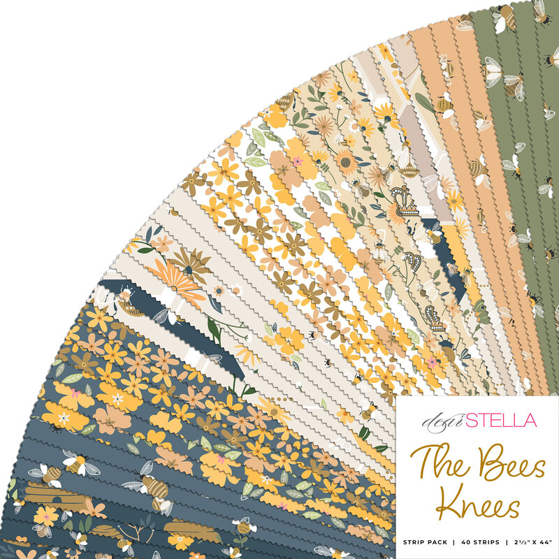 A collage of fabrics included in The Bees Knees strip roll.