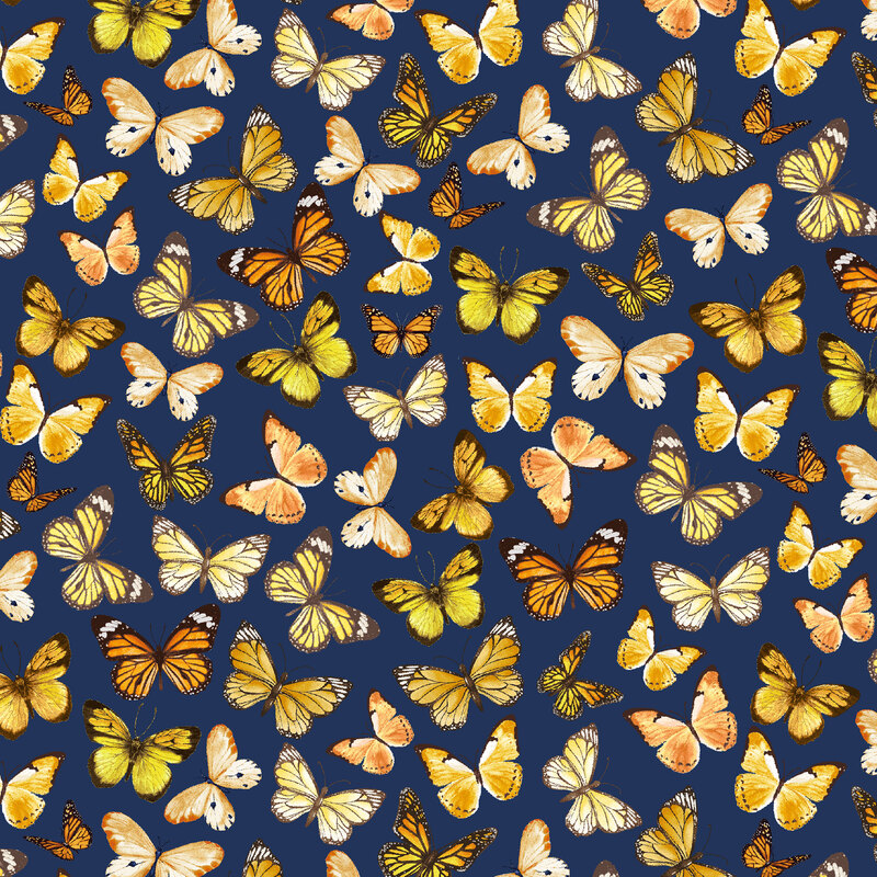 A navy blue fabric with ditsy butterflies throughout
