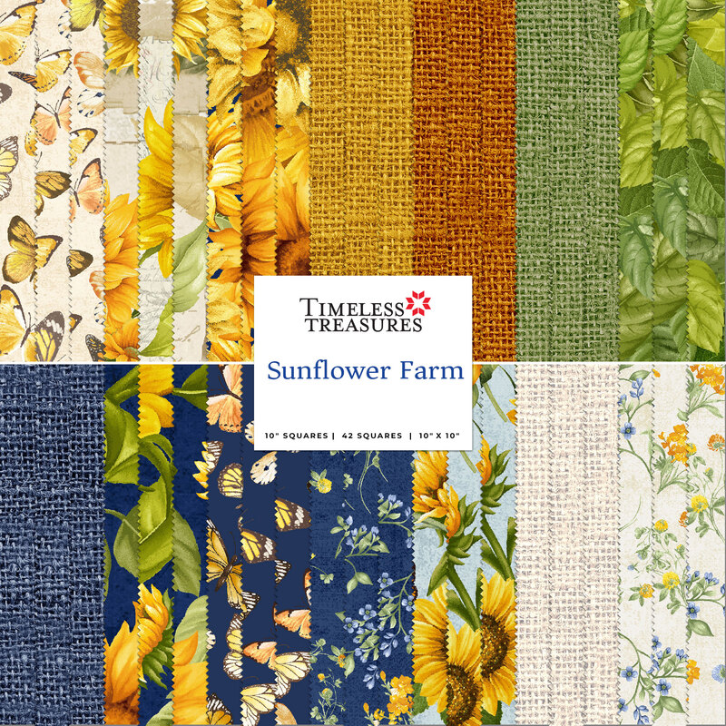 A stacked collage of cream, brown, green, and blue summertime sunflower fabrics in the Sunflower Farm 10