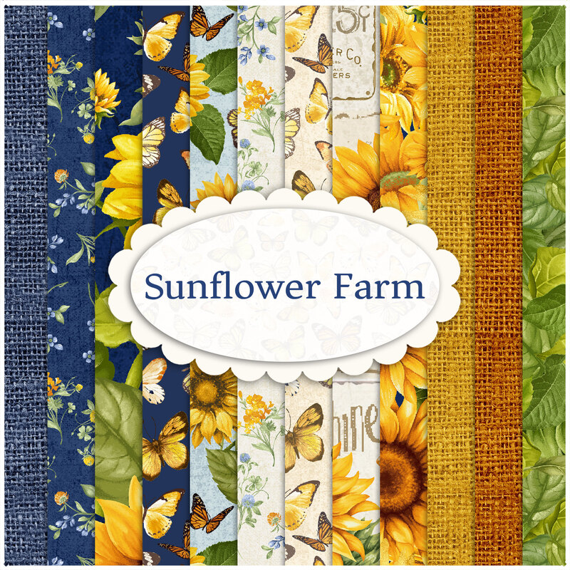 A striped collage of blue, white, tan, and green sunflower fabrics in the Sunflower Farm FQ Set