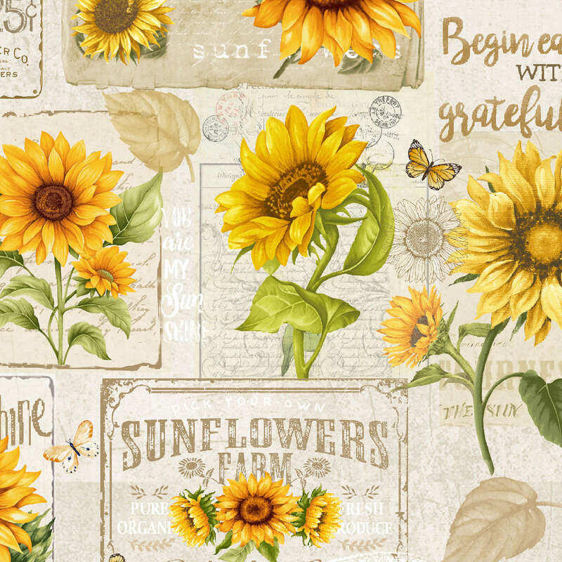 A beige fabric with vintage signs featuring sunflowers, fun phrases, and scattered butterflies throughout