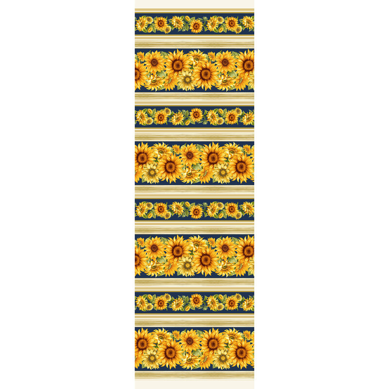 Border strip fabric with alternating large and skinny stripes each filled with packed sunflowers