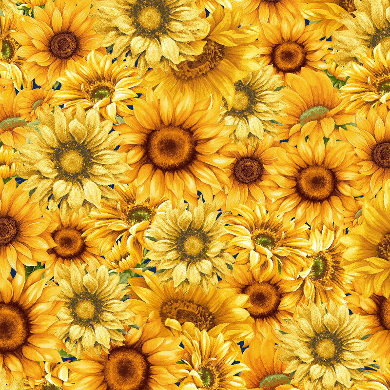 Fabric with packed bright yellow sunflowers throughout and tiny bits of navy background peeking through