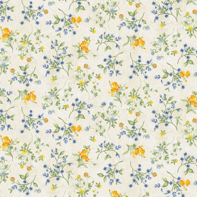 Cream fabric with tossed floral sprigs with blue and yellow florals