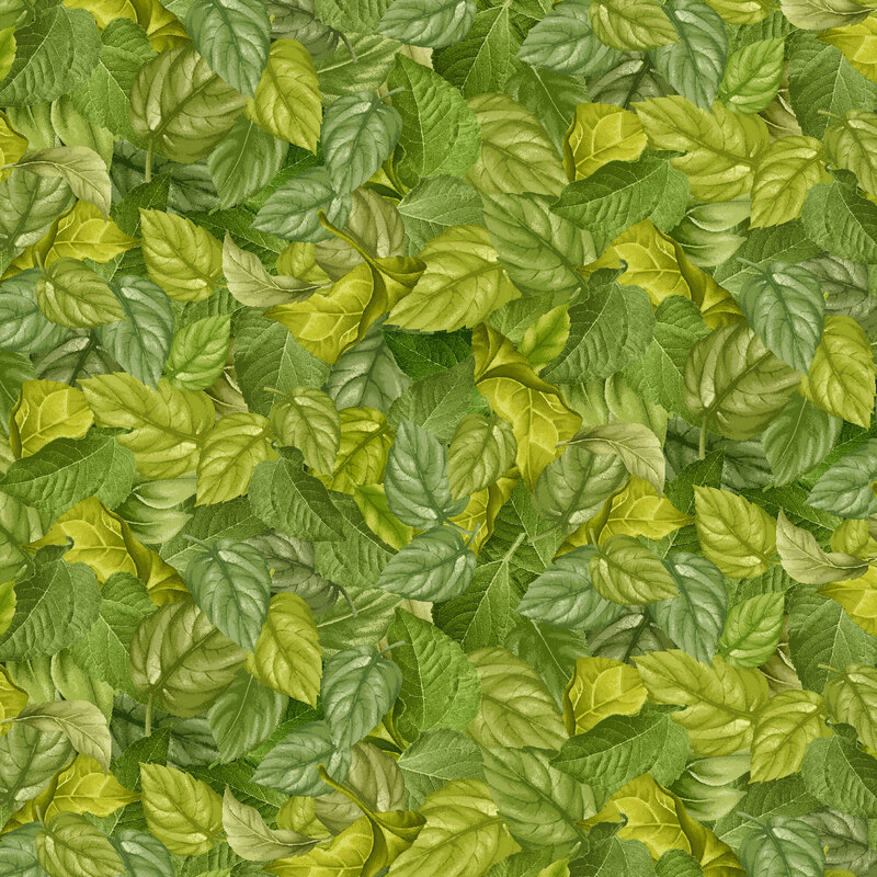 Fabric with packed green leaves all over