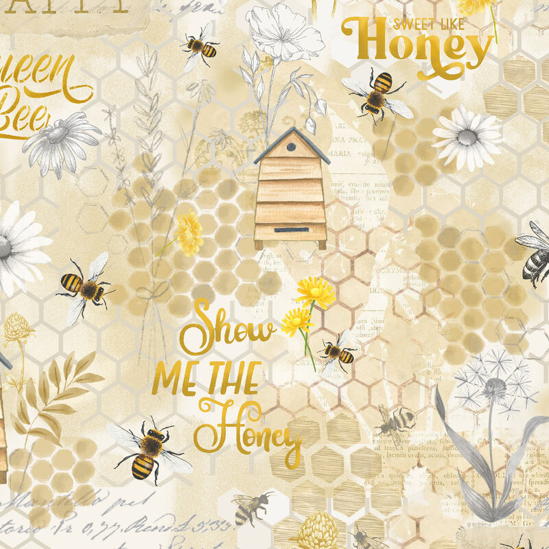 A white and beige fabric with honeycomb patterns throughout, golden phrases, and buzzing bees