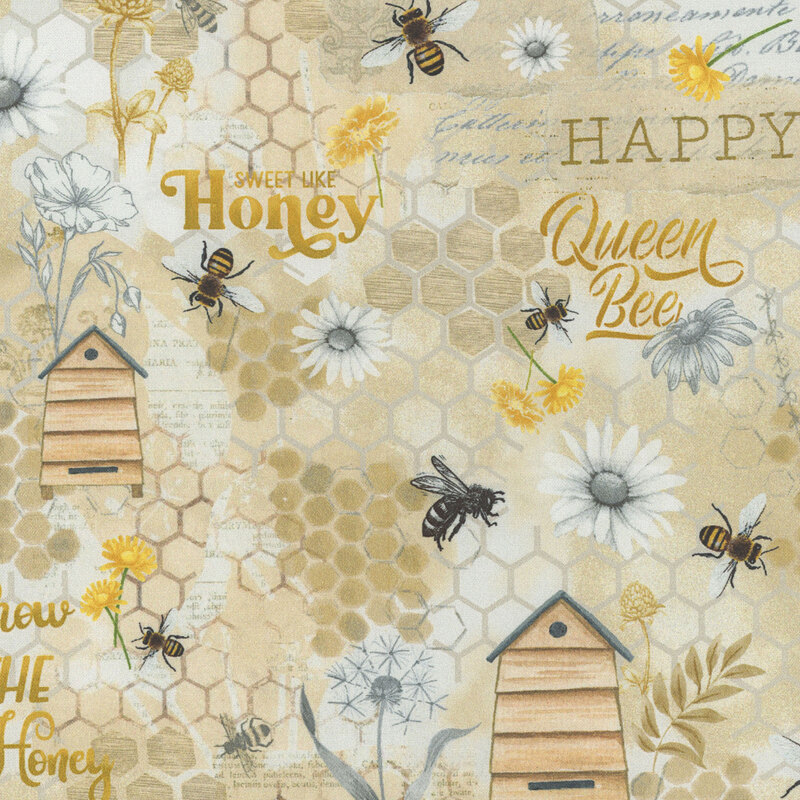 A white and beige fabric with honeycomb patterns throughout, golden phrases, and buzzing bees