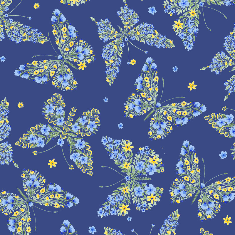 Navy blue fabric with floral clusters in the shapes of butterflies throughout