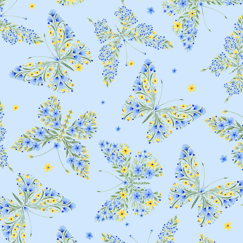 Light blue fabric with floral clusters in the shapes of butterflies throughout