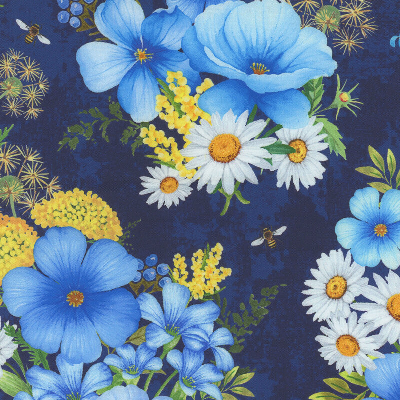 Navy blue fabric with clusters of blue, white, and yellow florals surrounded by buzzing bumble bees