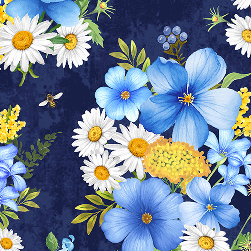 Navy blue fabric with clusters of blue, white, and yellow florals surrounded by buzzing bumble bees