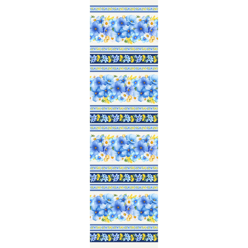 A white and navy blue border stripe fabric with lots of blue and yellow florals